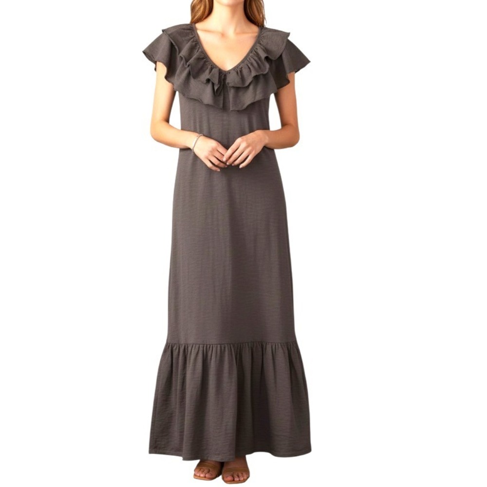 SEDGE S'EDGE Thick Cotton Slub Knit MAXI DRESS Ruffled Collar Tiered Hem XS